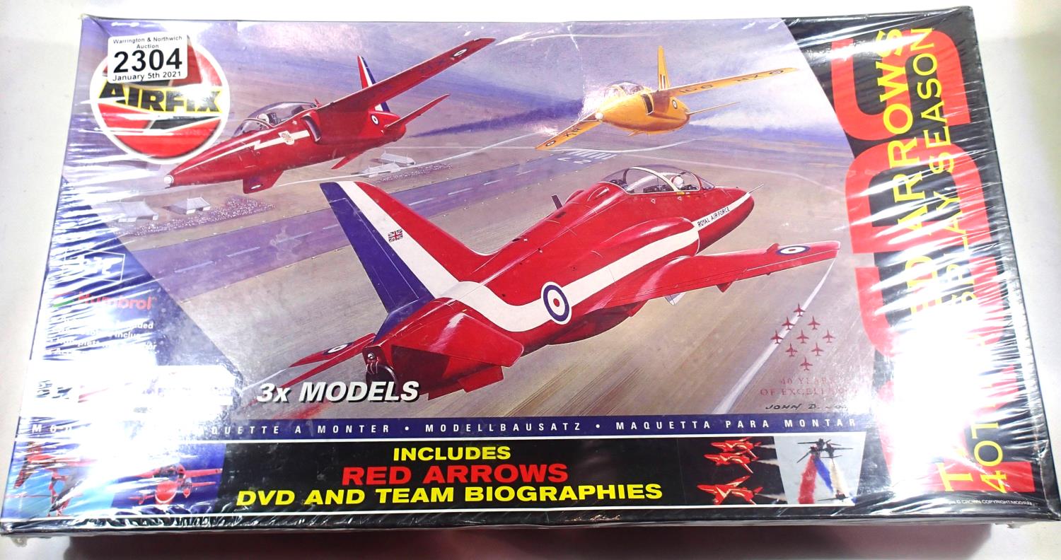 Airfix 1/72 scale Red Arrows three model set, DVD, biographies, paints, brush and glue, factory