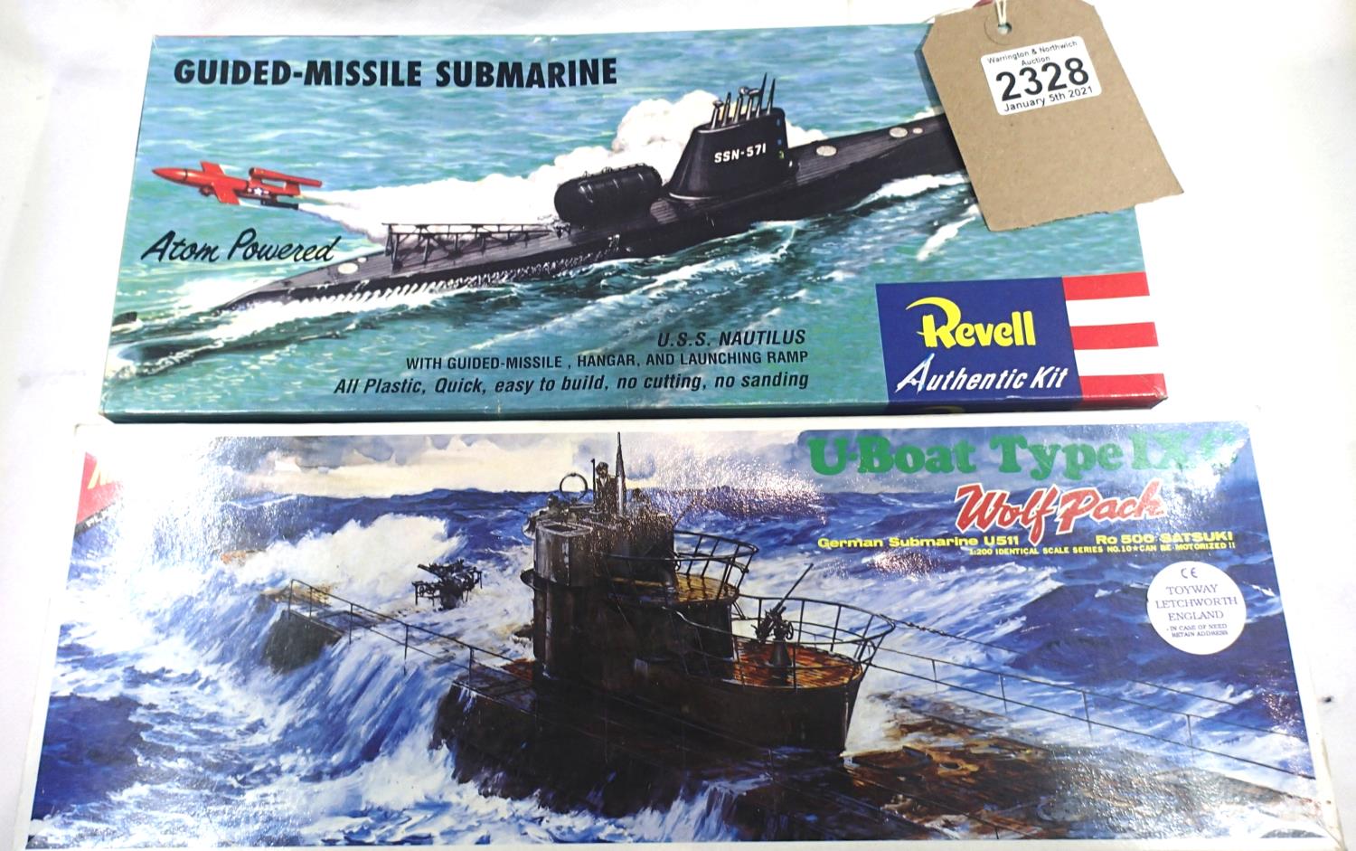 Two plastic submarine kits - Revell - USS Nautilus, Nichimo, U Boat type 1XC wolfpack 1/200 scale.