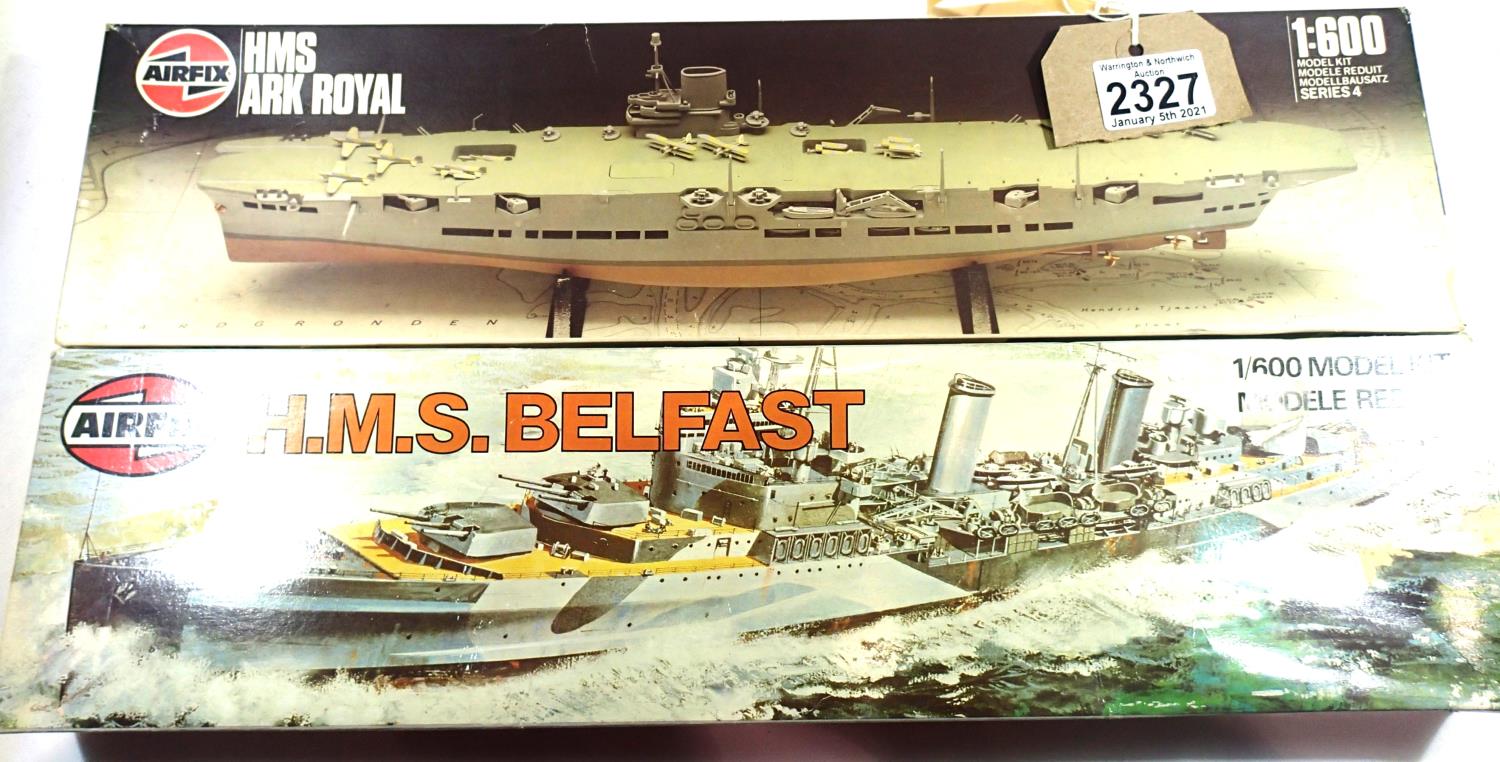 Two Airfix kits 1/600 scale ships, HMS Ark Royal and HMS Belfast. P&P Group 1 (£14+VAT for the first