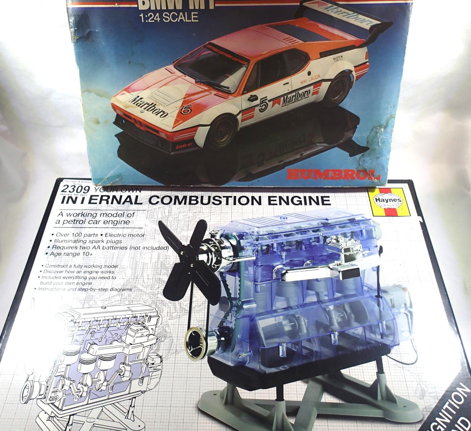 Haynes car petrol engine with ignition sound, motorised and 1/24 scale BMW M1. P&P Group 3 (£25+