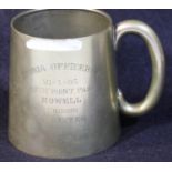 British 65 dated silver plated tankard, bearing inscription for Victoria Officer's Mess, Match Point