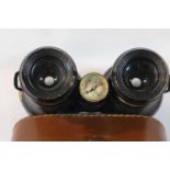 French WWI type Strembell Military Binoculars with compass, leather cased. P&P Group 2 (£18+VAT