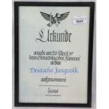 Framed Third Reich type Hitler Youth certificate, 20 x 30 cm P&P group 1(£14 + VAT for the first lot
