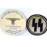 Large circular German WWII type SS embroidered uniform patch D: 9 cm, and an SS marked Kronen Brau