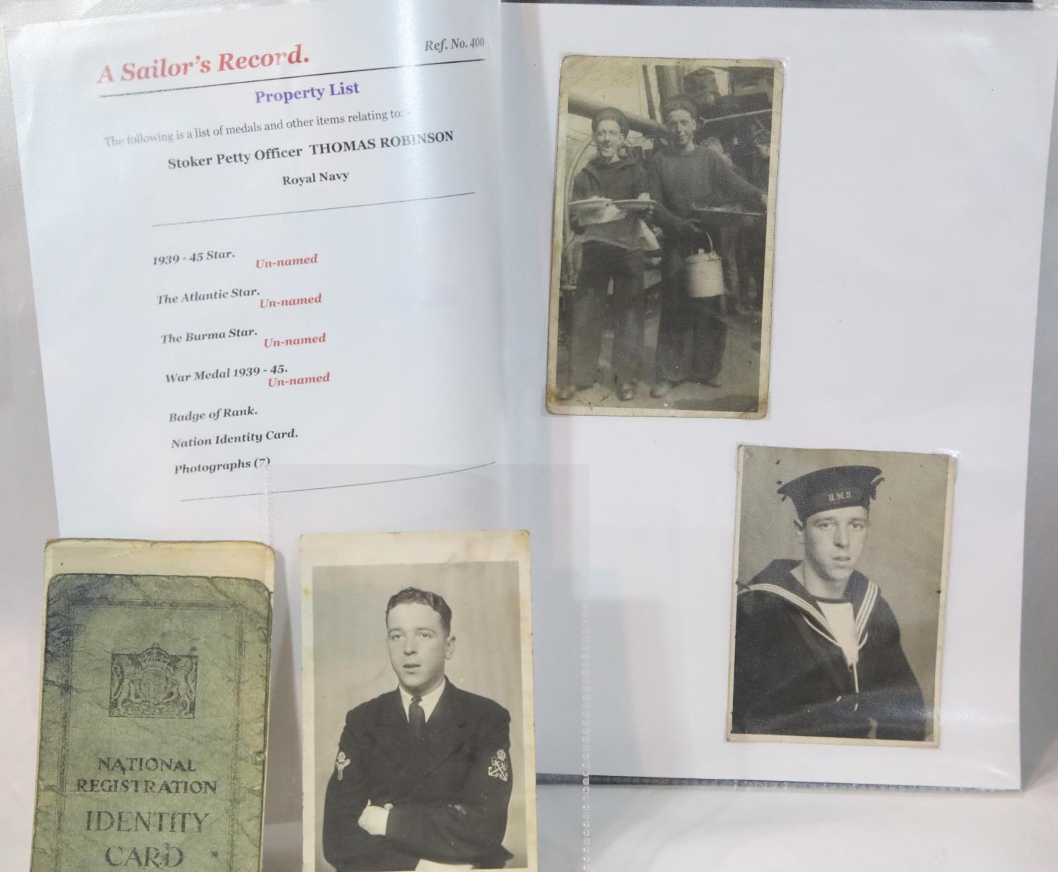 Photographs, I.D card and cloth badge for Thomas Robinson Royal Navy. P&P Group 1 (£14+VAT for the