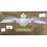 Commemorative cast aluminium RAF wings wall plaque, mounted on wood board, dedicated to Spitfire