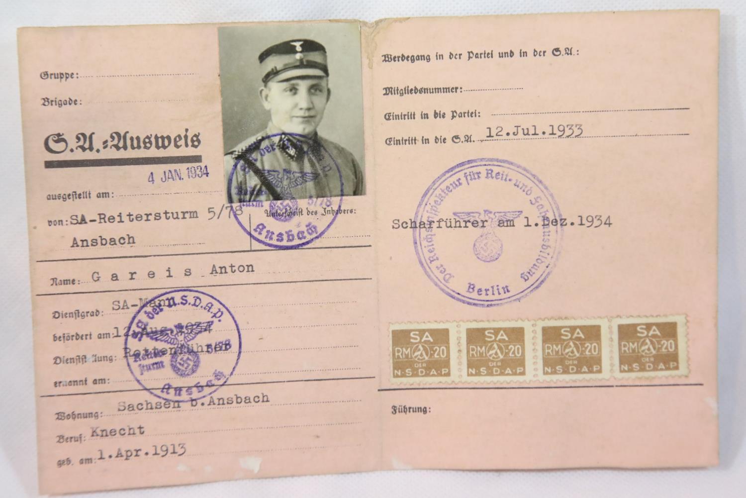 German Third Reich type S.A Membership Book Dated 1933 with good stamps etc. P&P Group 1 (£14+VAT