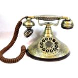 GPO Duchess push button telephone with brass finish and traditional cloth handset curly cord,