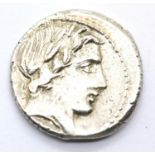 86BC early Roman silver Republic Denarius anonymous head of Apollo and Jupiter galloping Quadriga.