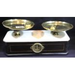 Pair of mahogany and marble brass balance scales with some graduated weights, dial to front of