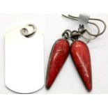 Silver 925 dog tag and silver 925 coral drop earrings. Earring drop 2.5cm. P&P Group 1 (£14+VAT