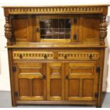 Re-polished Old Charm style oak court cupboard, with lead glazed door, 125 x 46 x 135 cm. Not