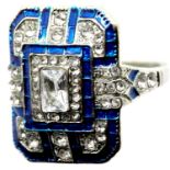 Square white metal Art Deco style dress ring, size M. P&P Group 1 (£14+VAT for the first lot and £