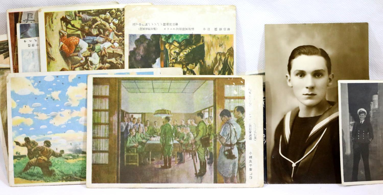 Nine Japanese WWII type postcards displaying military scenes, many annotated. P&P Group 1 (£14+VAT