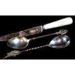 Two hallmarked silver teaspoons and a silver bladed fruit knife. P&P Group 1 (£14+VAT for the