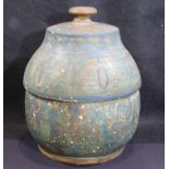 Islamic 17th/18th century covered terracotta pot with naive painted decoration, H: 26 cm. P&P