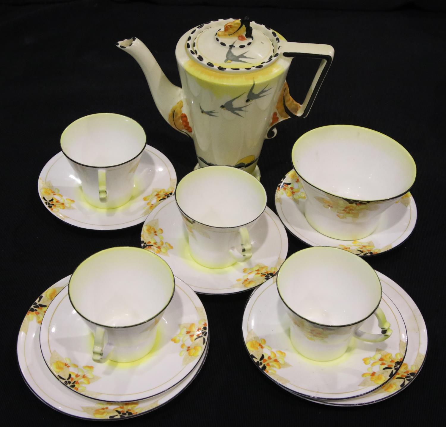 Royal Albert Laburnum pattern part tea service and a Burleigh Ware coffee pot of similar design. P&P