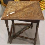 Carved top oak drop leaf square table on turned supports. Not available for in-house P&P