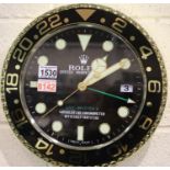 Dealers wall clock, GMT Master sweeping second hand and black and gold bezel, black face. P&P