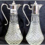 Pair of pressed hobnailed glass silver plated claret jugs. Not available for in-house P&P