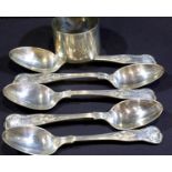 Set of five hallmarked silver Kings pattern teaspoons and a hallmarked silver napkin ring,