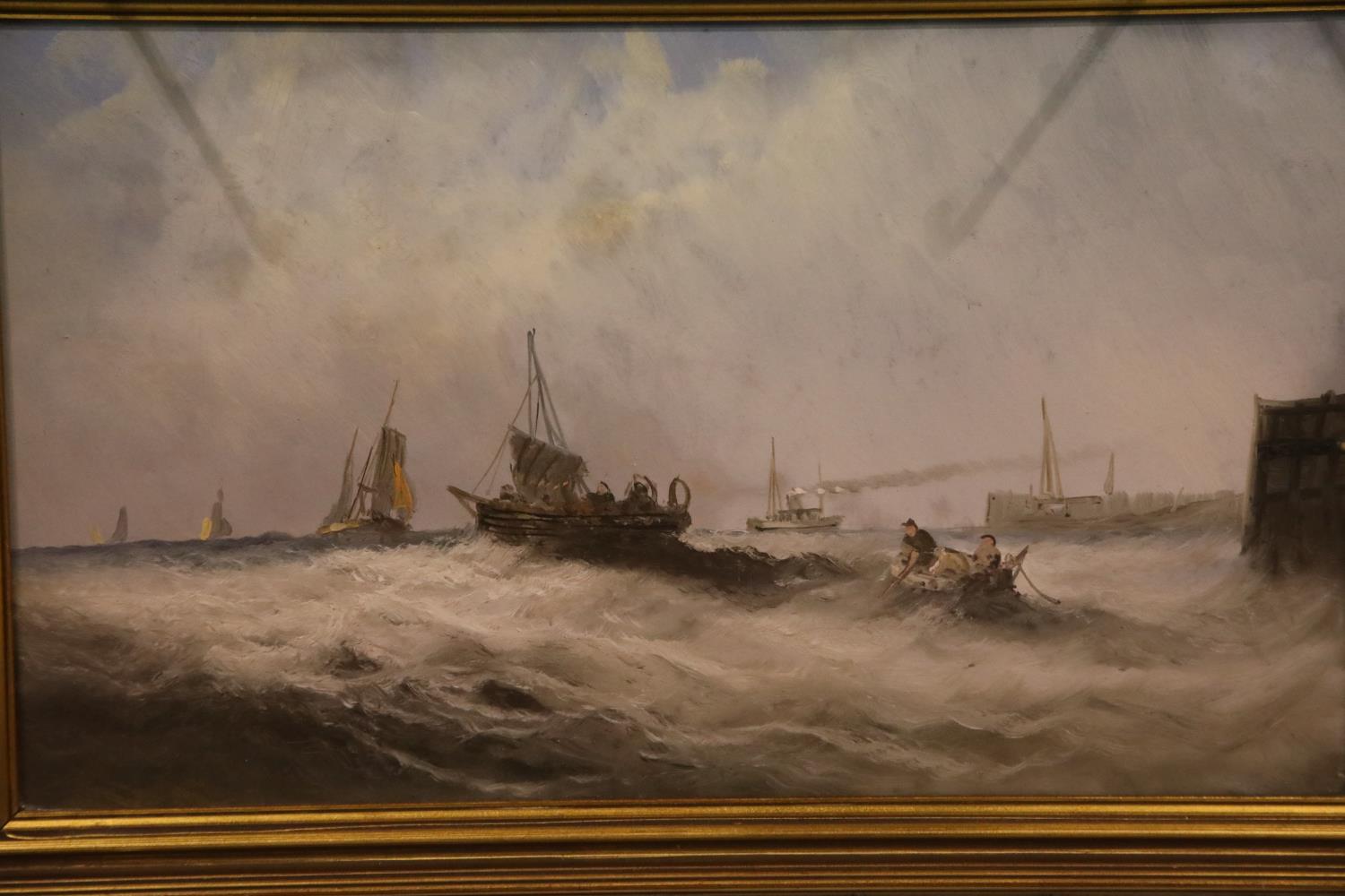 Victorian unattributed pair of oils on board, shipping scenes on rough seas, unsigned, each 49 x 28, - Image 3 of 3