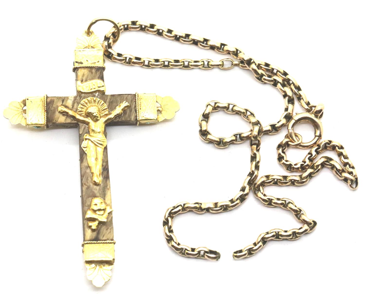 Yellow metal and wooden crucifix on a 9ct gold chain, 8.3g. P&P Group 1 (£14+VAT for the first lot