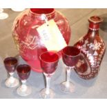 Six pieces of ruby red glass large Applause signed vase, four goblets and a Dimple decanter. P&P