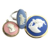 Three items of Wedgwood jewellery, ring size O, pendant D: 21 mm, brooch D: 31 mm and clasp fully