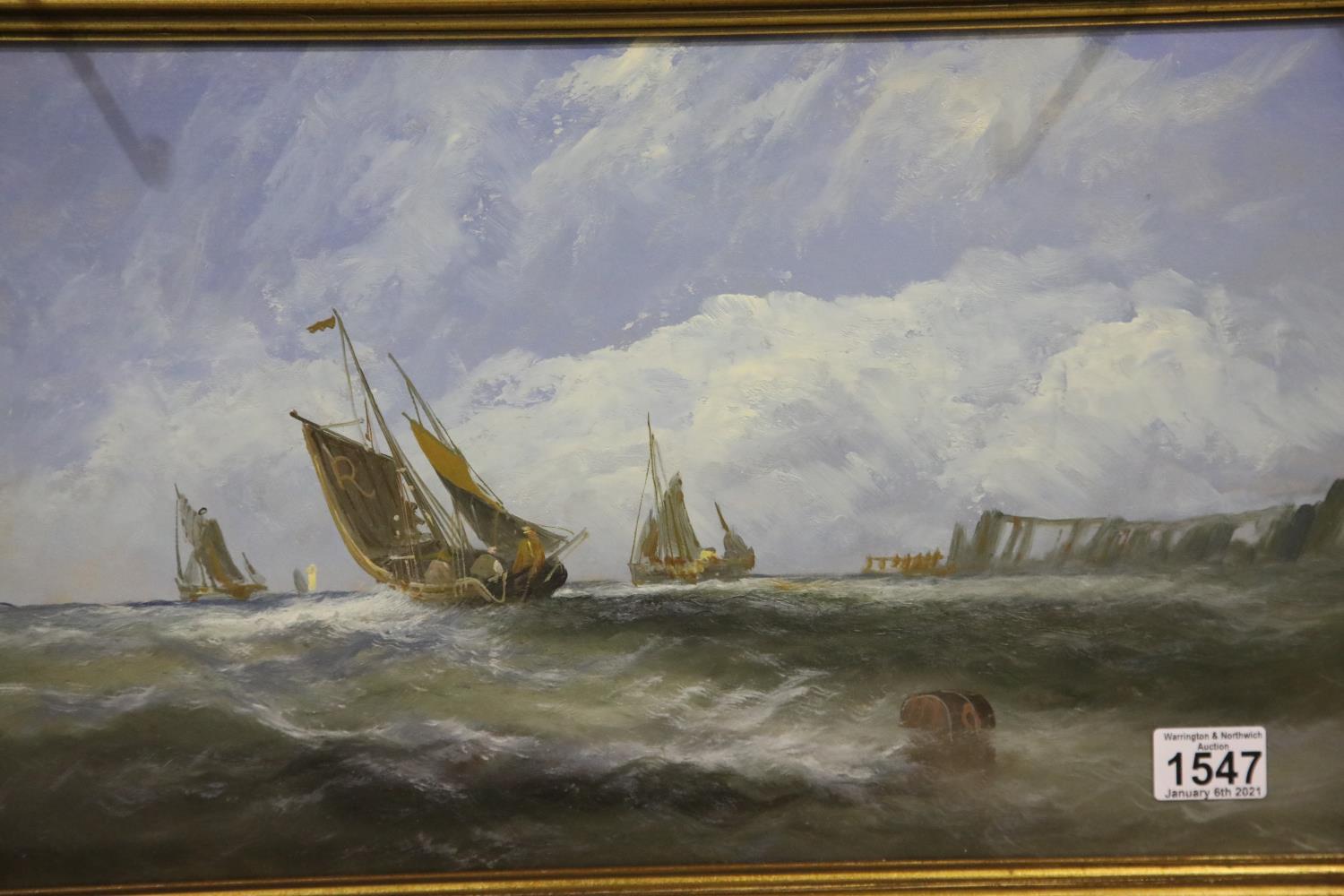 Victorian unattributed pair of oils on board, shipping scenes on rough seas, unsigned, each 49 x 28, - Image 2 of 3