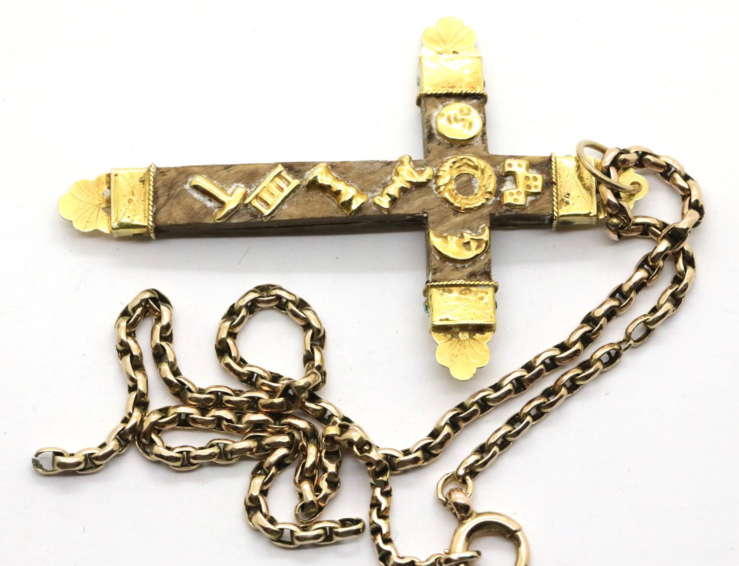 Yellow metal and wooden crucifix on a 9ct gold chain, 8.3g. P&P Group 1 (£14+VAT for the first lot - Image 2 of 2