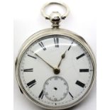 Hallmarked silver cased open face key wind pocket watch, with white enamel dial and Roman