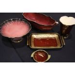 Five pieces of Carlton Ware Rouge Royale, large two handled bowl, tazza, rectangular tray, art