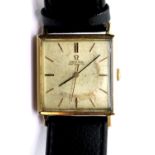 1960s square 9ct gold gents Omega Automatic wristwatch on a leather strap with steel back. P&P Group