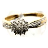 9ct gold diamond cluster ring, size Q, 2.6g. P&P Group 2 (£18+VAT for the first lot and £3+VAT for