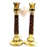Pair of brass and walnut barley twist candlesticks, H: 31 cm. P&P Group 3 (£25+VAT for the first lot