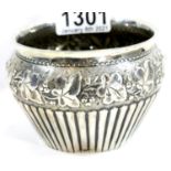 Victorian hallmarked silver small plant pot, repousse decorated, Chester assay, 87g, H: 10 cm. P&P