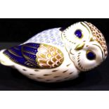 Royal Crown Derby Owl paperweight with gold stopper, L: 13 cm. P&P Group 1 (£14+VAT for the first