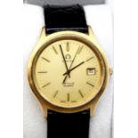 Omega gentleman's De Ville dress watch, champagne dial, date at 3 o'clock, black leather strap,