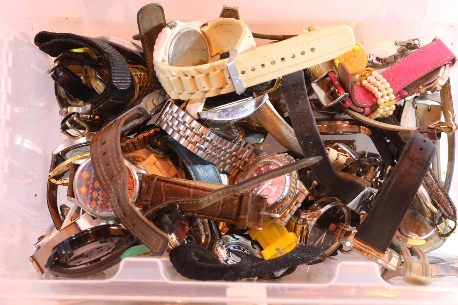 Tray of mixed unsorted wristwatches. Not available for in-house P&P