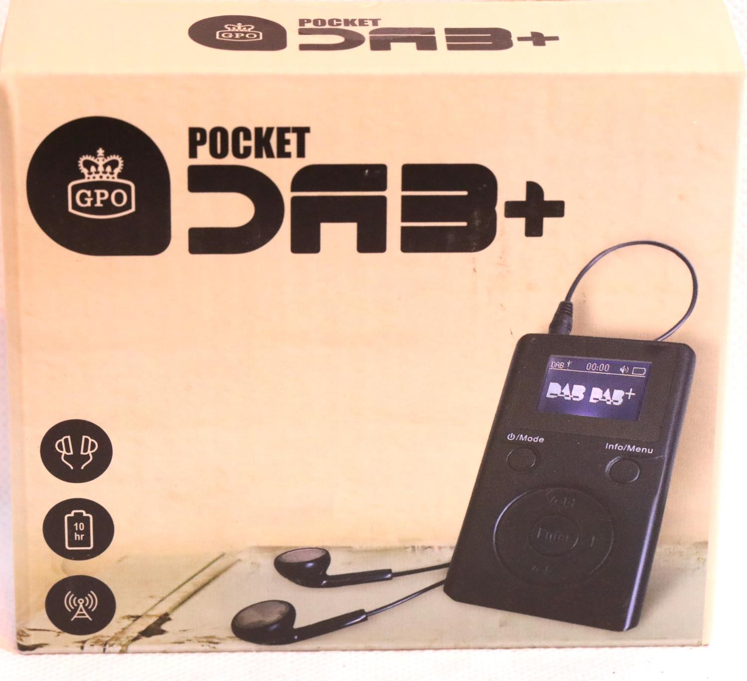 Pocket DAB+ radio with earphones, inbuilt rechargeable battery, has an auto adjusting clock,