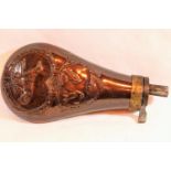 Vintage copper powder flask with gun dog decoration. Not available for in-house P&P