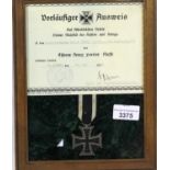 Framed German WWI type Iron Cross 2nd Class with Award Certificate. The medal is 3 part construction