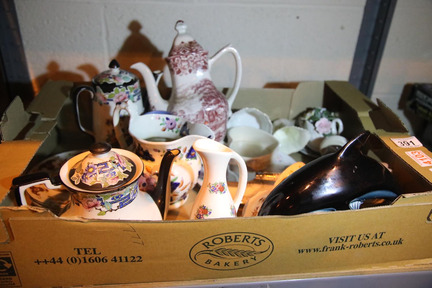 Ceramics including a Royal Crown Derby cake slice, Wedgwood Jasperware jug, Poole dolphin etc. Not