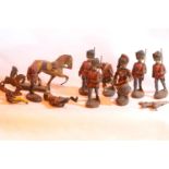 Tray of mixed metal and plastic vintage figurines. Not available for in-house P&P