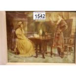 An Edwardian crystoleum depicting a lady and gentleman at tea, gilt framed, 23 x 17 cm. Not