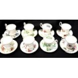 Eight Royal Albert Flower of the Month cups and saucers, one saucer broken, all seconds quality. P&P