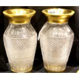 Baccarat pair of large French finely cut glass baluster vases, with gilt rims and bases, one small