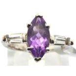 Sterling silver marquise cut amethyst ring with baguette cut topaz shoulders. Size O, 4.7g. P&P