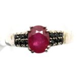 Sterling silver ruby ring with stone set shoulders. Size O, 3.2g. P&P Group 1 (£14+VAT for the first